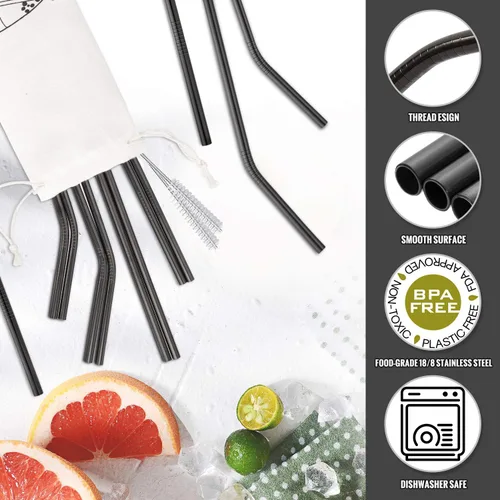 Miniatura 3 de Hiware Paquete de 12 pajitas de acero inoxidable negras reutilizables con estuche, pajitas de metal para vasos de 30 y 20 onzas, aptas