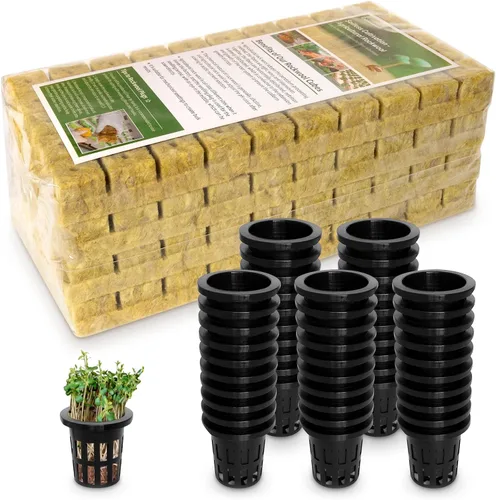 Cubos de lana de roca de 1 pulgada para hidroponía, 200 tapones con 50 macetas de red de 1.5 pulgadas, suministros hidropónicos tazas para enraizar,