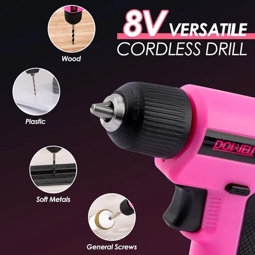 Miniatura 2 de DOWELL Juego de herramientas de taladro inalámbrico de 8 V, 58 unidades, LED integrado, velocidad variable, cable de carga tipo C, funda moldeada