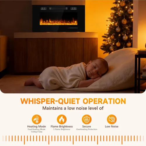 Miniatura 4 de Chimenea eléctrica de 36 pulgadas, chimenea eléctrica montada en la pared con control remoto y temporizador, chimeneas calefactoras de bajo ruido