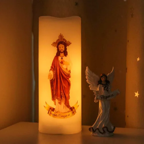 Miniatura 3 de Wondise Vela de oración devocional con imagen del Sagrado Corazón de Jesús con control remoto y temporizador, funciona con pilas, vela LED blanca