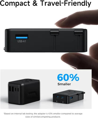 Miniatura 8 de Mini adaptador de viaje, diseño ultrafino 2026: adaptador de corriente PD de 25 W de 4 puertos con 1 CA, 1 USB-A y 2 puertos USB-C, control