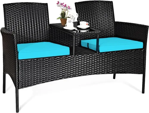 Miniatura 9 de HAPPYGRILL Sofá biplaza de mimbre de ratán con mesa de café, sofá de conversación al aire libre con cojines para jardín, césped, patio trasero