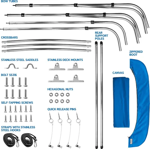 Miniatura 6 de NEH - Bimini Tops de 3 lazos para barcos, postes de apoyo, lona marina 900D a prueba de decoloración, funda de almacenamiento universal para pontón