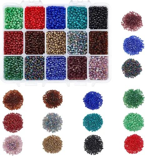 Miniatura 12 de NBEADS 15 colores 6/0 cuentas de semillas de vidrio, alrededor de 3000 cuentas redondas azules de poni de 0.15 pulgadas, cuentas sueltas para diseño
