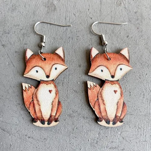 Miniatura 2 de Aretes colgantes de zorro rojo de cobre, lindos aretes colgantes de mapache de madera, zorro, zorro, joyería hipoalergénica para regalos de mujer