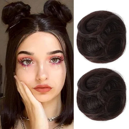 REECHO Extensiones de cabello de moño espacial, 2 piezas de extensiones de moño de cabello falso con clip de pinza y orejas de gato, accesorio de