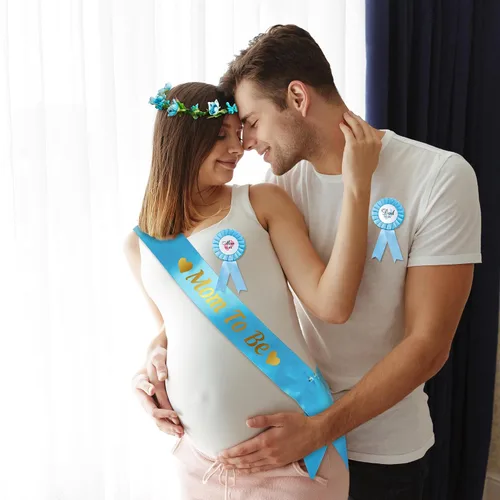 Miniatura 5 de Kit de banda azul y dorada para mamá, revelación de género, corona de guirnalda floral para fiesta con insignia de hojalata, suministros