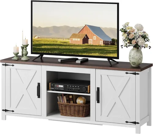 WLIVE Moderno soporte de TV de granja para televisores de hasta 65 pulgadas, centro de entretenimiento con puertas de granero en forma de X, consola
