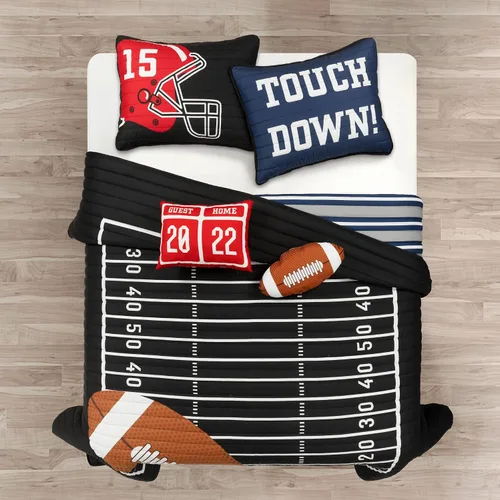 Miniatura 12 de Lush Decor Edredón reversible de fútbol americano tamaño individual de 4 piezas en negro y azul marino - Juego de ropa de cama para niños pequeños