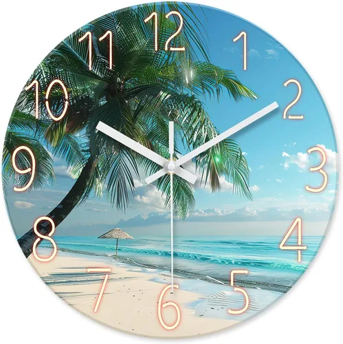 XFM Reloj de pared de playa, silencioso, sin tictac, funciona con pilas, reloj de pared de 12 pulgadas con palmera tropical azul océano azul Blue7