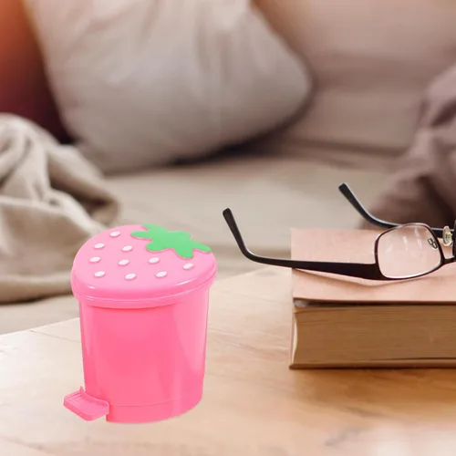 Miniatura 5 de NUOBESTY Mini basurero de escritorio de fresa con tapa de 4.13 x 3.54 pulgadas, lindo cubo de basura rosa para escritorio de oficina en casa