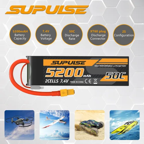 Miniatura 5 de SUPULSE Batería Lipo de 7.4 V 2S 5200mAh 50C RC Batería con enchufe XT60 para avión RC Barco RC Truck RC (2 paquetes)
