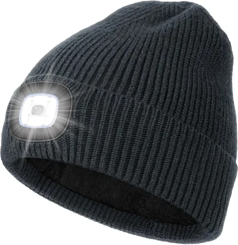 Miniatura 12 de MELASA Gorro de invierno con forro polar LED, recargable por USB, gorro cálido con luz integrada, regalos para hombres, papá, esposo, él