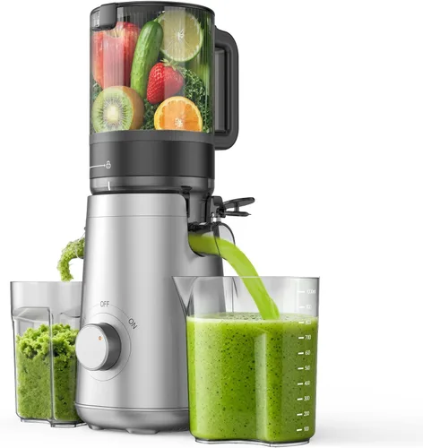 Máquinas de exprimidor, exprimidor de prensa en frío con canal de alimentación de 5.3" de ancho para verduras y frutas enteras, alto rendimiento de