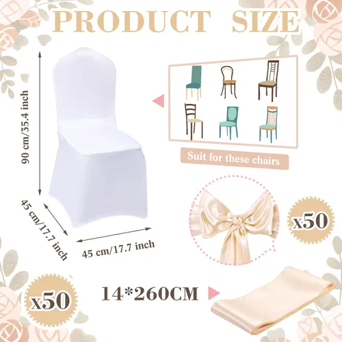 Miniatura 2 de Mepase Juego de 100 fundas blancas para sillas con 50 fundas elásticas de elastano para sillas de 50 sillas, lazos y fajas, funda ajustable blanco