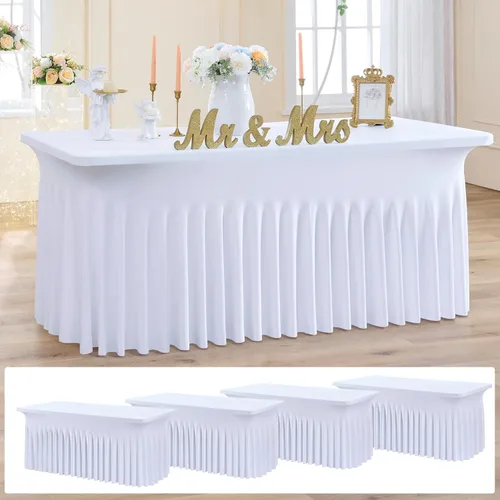 Miniatura 12 de Paquete de 2 manteles de elastano azul bebé de 6 pies con falda de mesa con volantes, manteles ajustables elásticos sin arrugas para mesas