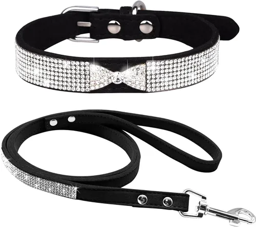 Conjunto de Collar y Correa para Mascotas, Bonito y Deslumbrante de Ante Suave con Diamantes de Imitación de Cristal, Collar y Correa para Gatos,