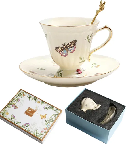 Miniatura 10 de Juego de taza de té y platillo de porcelana, taza de café de cerámica de 8.5 onzas líquidas con platillo y cuchara, taza de café vintage con ribete