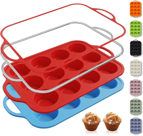 Miniatura 18 de 2 paquetes de 12 tazas de molde para magdalenas de silicona para hornear con marco reforzado de metal, molde para cupcakes de tamaño regular, Crema