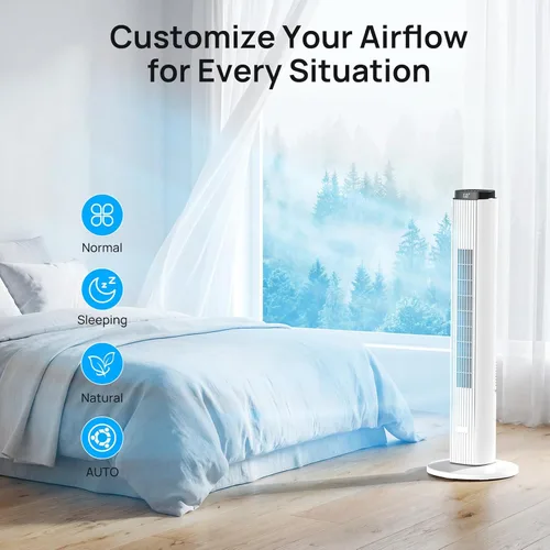 Miniatura 5 de ZAFRO Ventilador de torre para dormitorio, ventilador de piso silencioso de 28 dB con 4 modos, 6 velocidades, oscilación de 90°, control remoto