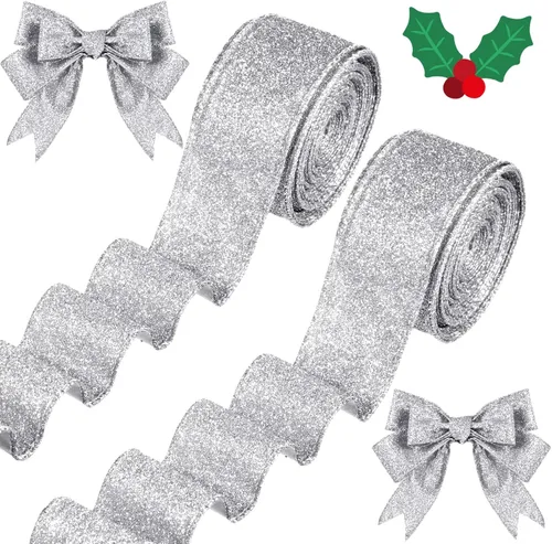 Cinta de Navidad con alambre – 2 rollos de cinta de árbol con purpurina de 20 yardas, envoltura de regalo metálica gruesa para coronas, guirnaldas,