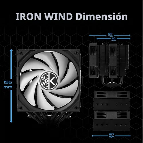 Miniatura 4 de KINGCOOL Iron Wind 120 ARGB Enfriador de aire para CPU, 6 tubos de calor y torres duales, ventiladores PWM duales de 120 mm, velocidad de 1800 RPM