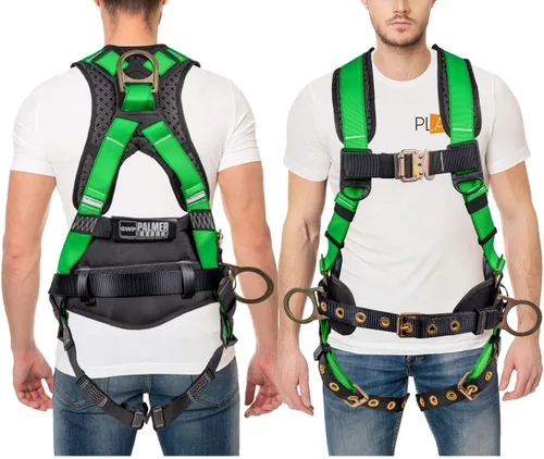 Palmer Safety Hammerhead - Arnés de seguridad acolchado de 5 puntos, pecho QCB, correas de patas con hebilla de lengua, anillos en D traseros y Verde