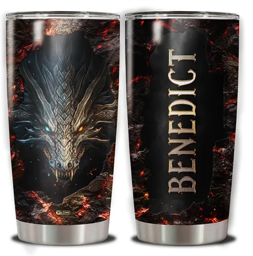 WAZONE Vaso de dragón personalizado con tapa, diseño de lava de fuego, nombre personalizado, 20 onzas, 30 onzas, taza aislada de acero inoxidable,