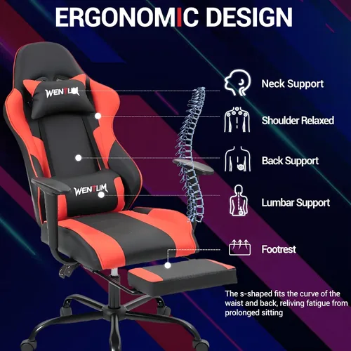 Miniatura 4 de Silla de juegos con reposapiés, silla ergonómica de escritorio para PC con reposacabezas y soporte lumbar de masaje, silla de videojuegos con Negro