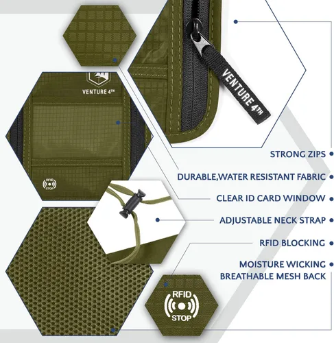 Miniatura 5 de Cartera de viaje para el cuello con bloqueo RFID, bolsa de cuello para pasaporte para hombres y mujeres para mantener los documentos seguros, Verde
