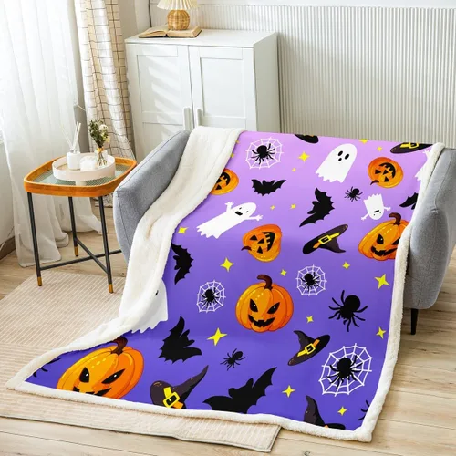 Miniatura 14 de Manfei Manta de Halloween con farol de calabaza, fantasmas, para decoración de habitación de niños y niñas, manta de araña negra para sofá, manta