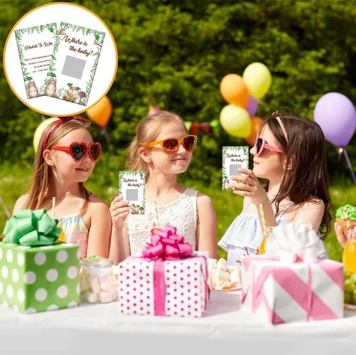 Miniatura 7 de Juego de rascar para baby shower, 50 tarjetas con el tema ¿Dónde está el bebé? Juegos YoungFun con adorables animales del bosque para revelaciones