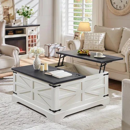 Miniatura 10 de JXQTLINGMU Farmhouse - Mesa auxiliar elevable con gran almacenamiento, mesa cuadrada de madera de 36 pulgadas con compartimento oculto, mesa