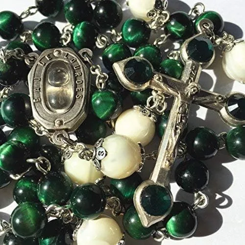 Miniatura 4 de elegantmedical HECHO A MANO VERDE OJO DE TIGRE CUENTAS CATÓLICAS ROSARIO CRUCIFIJO COLLAR Lourdes Medalla de agua, elegantmedical