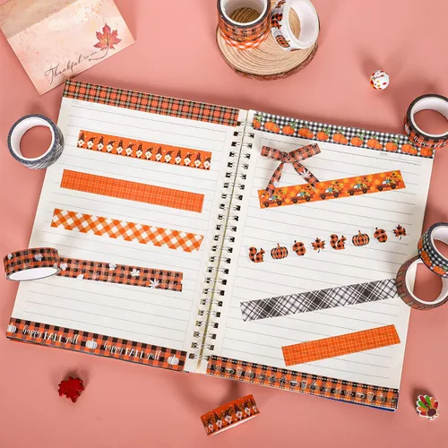 Miniatura 4 de Whaline 12 rollos de cintas Washi a cuadros de otoño, búfalo colorido, calabaza, camión, hojas de arce, patrón de gnomo, cinta adhesiva decorativa