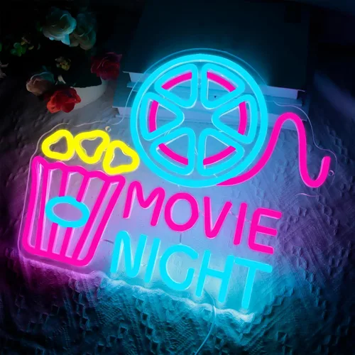 Miniatura 2 de Letrero de neón para decoración de pared con caja de papel de palomitas de cine, luz LED de neón para cine en casa, decoración de cine en casa