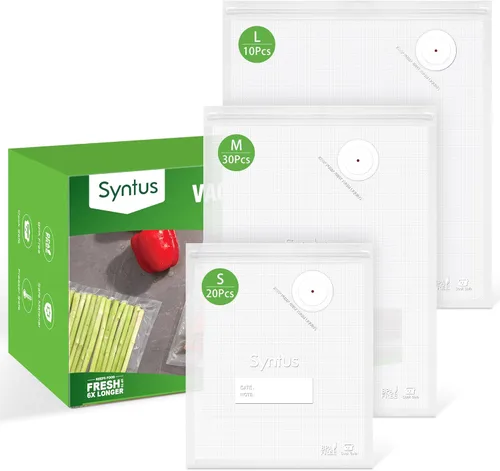 Syntus Bolsas selladoras al vacío para alimentos, 60 unidades (S+M+L) de 8 x 10 pulgadas y 10 x 13.8 pulgadas y 11.8 x 13.8 pulgadas, bolsas de