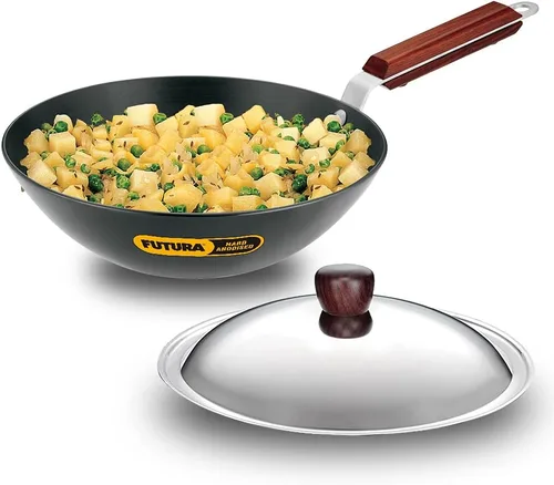 Miniatura 11 de Futura freidora con anodizado duro (Kadhai) con tapa de acero y parte inferior plana, Negro