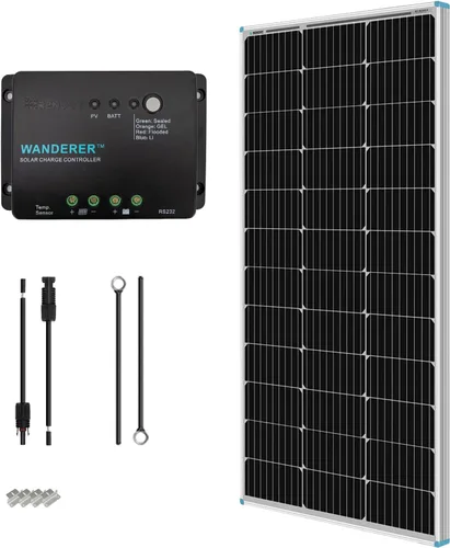 Renogy - Kit básico de panel solar de 100W 12V, panel solar monocristalino de 100 vatios, controlador de carga PWM LCD de 30A, kit de adaptadores,