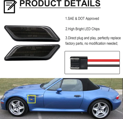Miniatura 3 de Luces de señal de giro LED secuenciales frontales ámbar de reemplazo para Z3 Coupe/Roadster 1996-2002, lente ahumada, marcador lateral dinámico