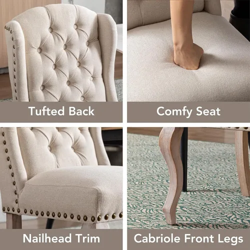 Miniatura 3 de chairus Juego de 4 sillas de comedor con diseño capitoné Parsons, tapizadas de estilo rústico francés con ribete de cabeza de clavo y patas
