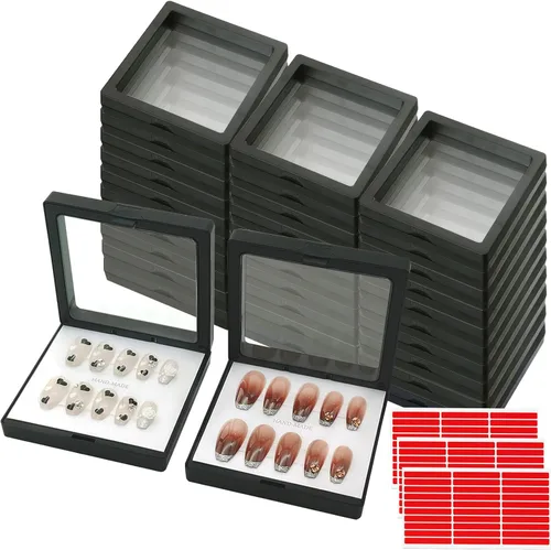 Paquete de 32 cajas de embalaje de uñas a presión 3D, caja de almacenamiento de uñas flotante a presión con 90 piezas de cinta adhesiva de doble