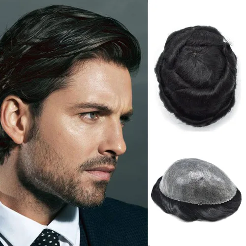 Toupee para hombres de piel fina inyección de PU unidad de peluca para hombre, pieza de cabello humano natural real, sistema de repuesto para