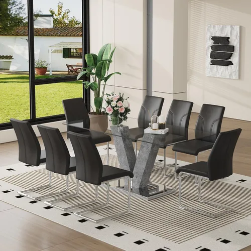 Miniatura 13 de Juego de mesa de comedor de cristal moderno de 71 pulgadas para 6, juego de mesa de comedor de 7 piezas con sillas y mesa de vidrio templado