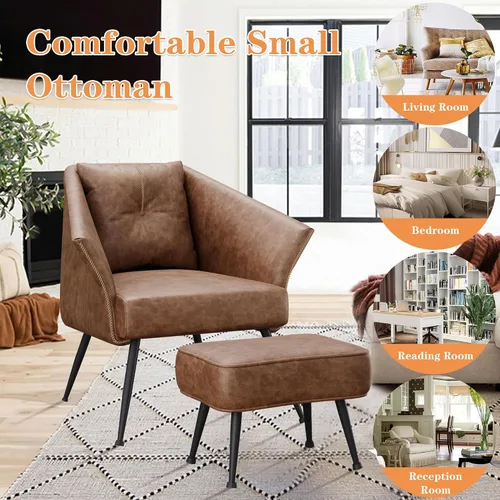Miniatura 7 de Alunaune Silla decorativa moderna color marrón con otomana, silla individual tapizada de piel sintética para sala de estar, cómoda de mediados