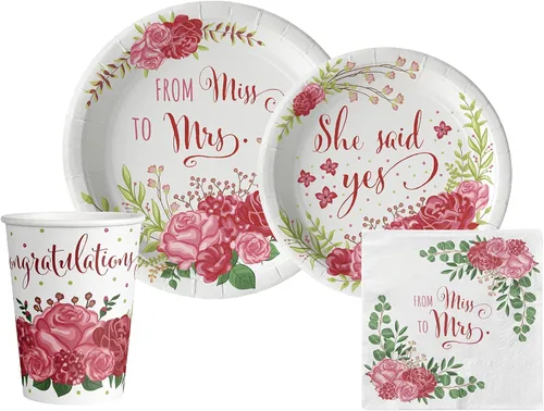 Bridal: From Miss to Mrs (Traditional Rose) Vajilla Pack: Juego de platos de papel, servilletas y tazas desechables para 20 Novia: de la señorita a