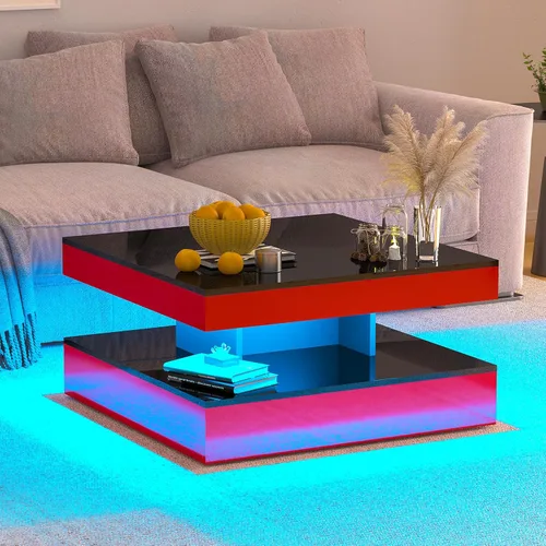 Miniatura 9 de HedoAjim Mesa de centro LED negra para sala de estar, mesa de sala de estar, mesas centrales cuadradas de 2 niveles, mesas de centro de madera