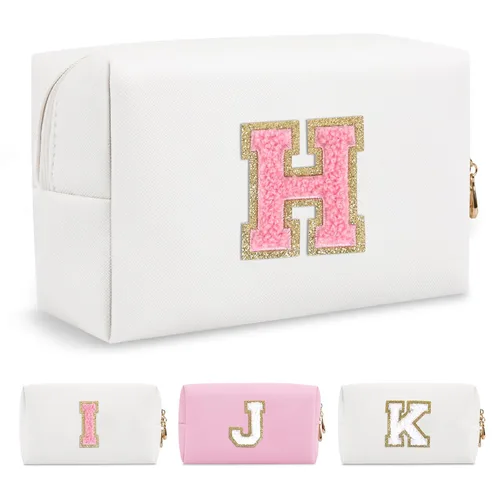 Miniatura 130 de Pequeña bolsa de maquillaje personalizada con inicial A-Z Preppy Patch, bolsa de cosméticos de viaje de felpilla blanca con cremallera, bonita bolsa