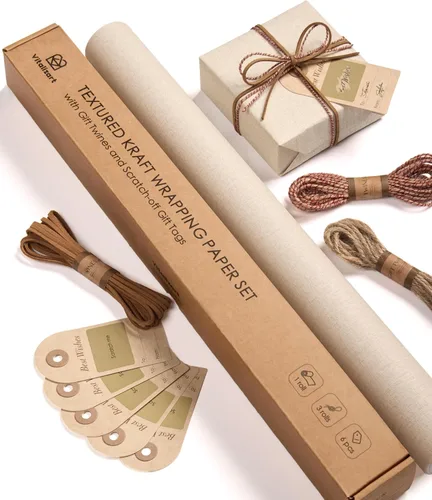 Vitalizart Juego de Papel de Envolver Texturizado Rollo de 17" Cordel Cintas y Etiquetas Extra Grueso Todo en Uno Beige Neutro Kraft Papel de Regalo